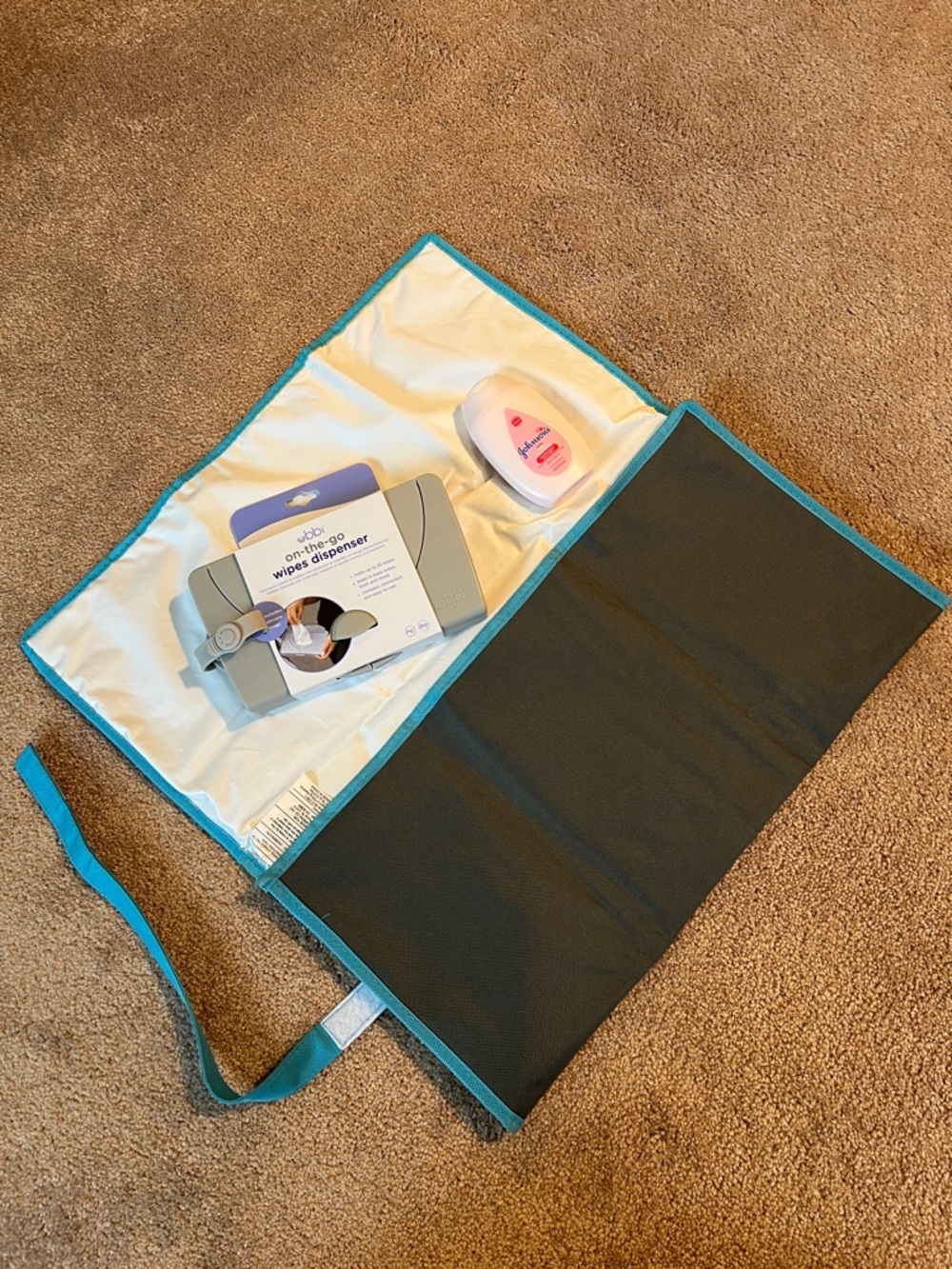 *BUNDLE* 3 items - Teal and Gray Baby Changing Mat & NEW Wipes Dispenser/ lotion